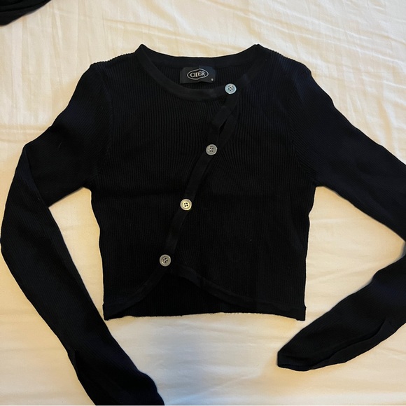 Cider Sweaters Cider Cropped Ribbed Sweater Cardigan With Gold